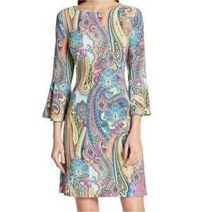 Tommy Hilfiger Y2K Floral Paisley Mini Dress 6 - Bell Sleeve A-Line Vintage